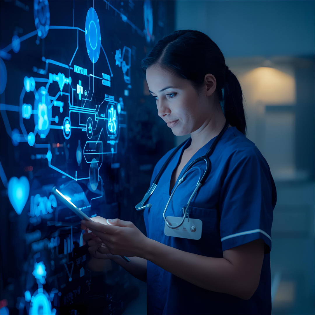 Kobieta w stroju pielęgniarki, z tabletem w ręku i stetoskopem na szyi, stoi przed dużym ekranem dotykowym z futurystycznymi, świecącymi na niebiesko grafikami medycznymi i schematami. Wygląda na skupioną i zaangażowaną w analizę danych.